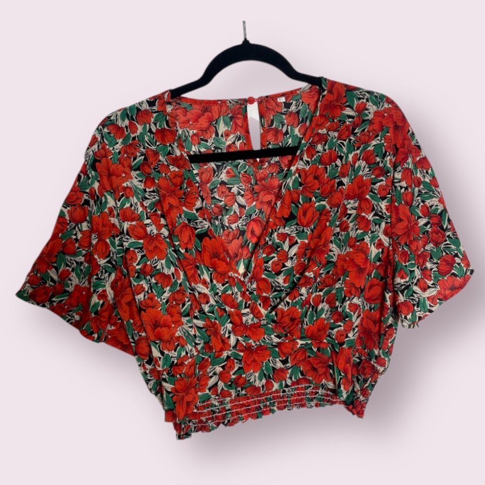 Wrap Crop Cropped Flutter Girly Hipster Hippie Artsy Boho Bohemian Floral Blouse
